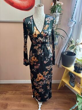 Zara Black Floral Wrap Maxi Dress with Gold & Pink Blooms